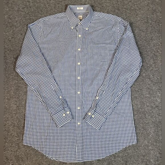 Vtg Peter Millar Nanoluxe Mens Button Down Long Sleeve Shirt Sz L Blue Gingham - Picture 1 of 11